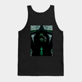 Portrait, digital collage, special processing. Beautiful but dark, like witch, woman. Tale. Green and blue. Tank Top